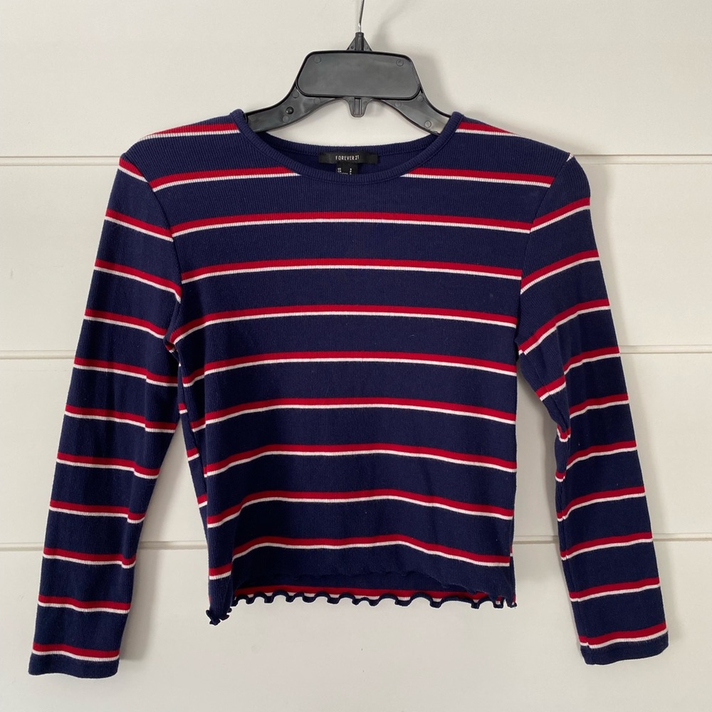 Forever 21 Small Blue Striped Cropped Long Sleeve